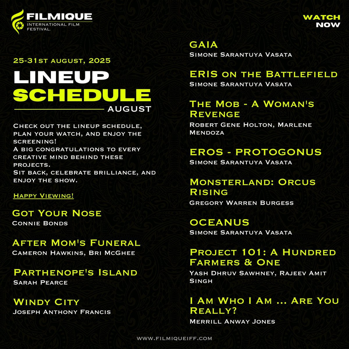 Just one more day left! 

Dive into the incredible lineup of creative projects streaming live on our website until this weekend. 

Experience them before they disappear - the screening ends soon, and you don’t want to miss it!

filmiqueiff.com/screening/