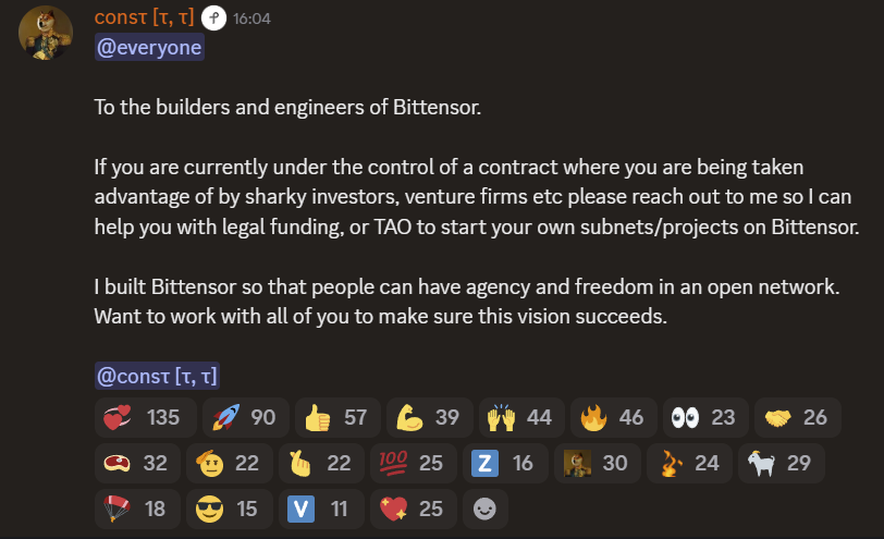 Great initiative to #Bittensor builders from <a href="/const_reborn/">const</a> 👏

⚪️ "If you are currently under the control of a contract where you are being taken advantage of by sharky investors, venture firms etc please reach out to me so I can help you with legal funding, or $TAO to start your