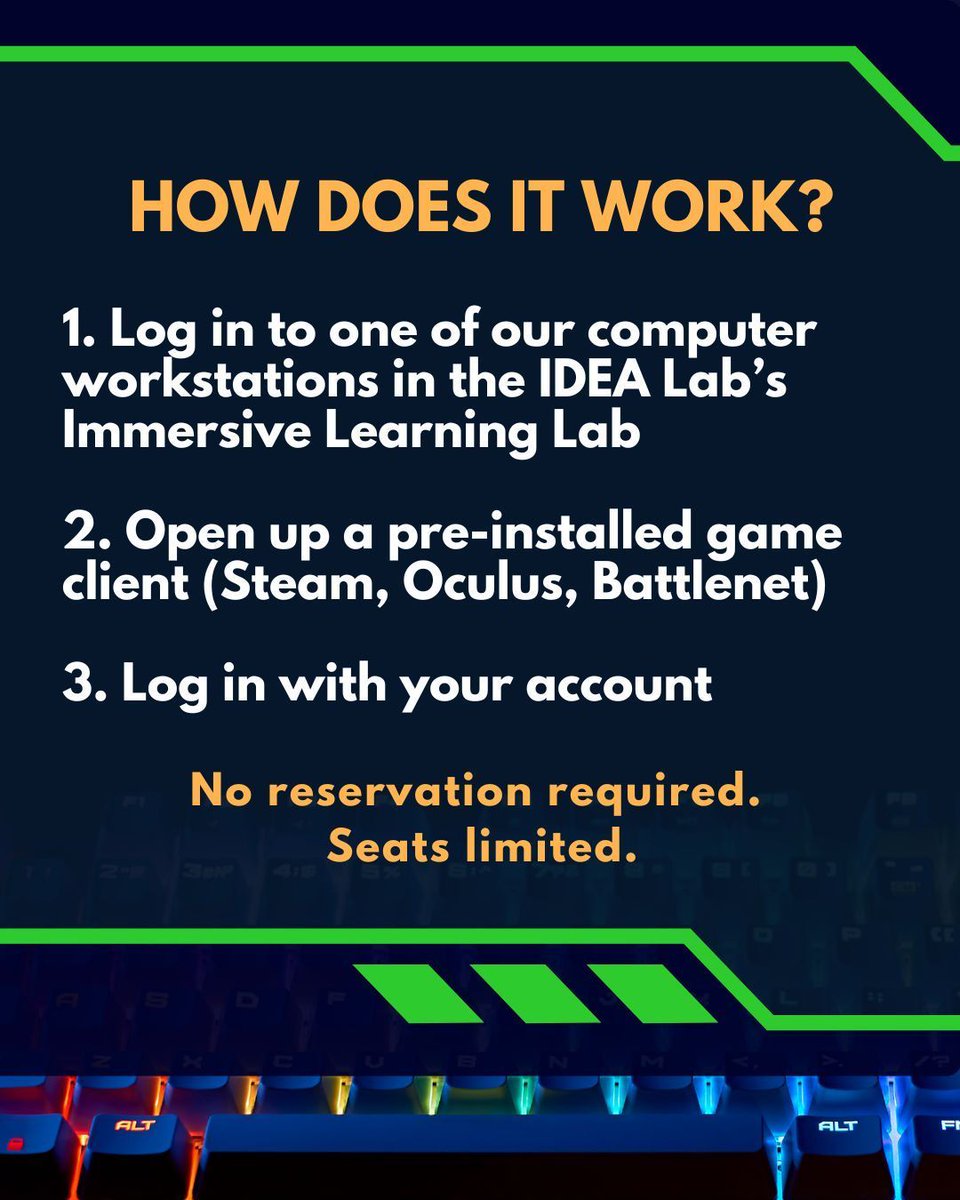 graingerlibrary's tweet image. For fall 2025, the IDEA Lab has Open PC Gaming on Saturdays &amp;amp; Sundays, 1 to 10 pm. Computer workstations will be available for play or work. No reservation is required, but seats are limited. Learn more about the lab&apos;s space and tech policies: go.illinois.edu/IDEAPolicy