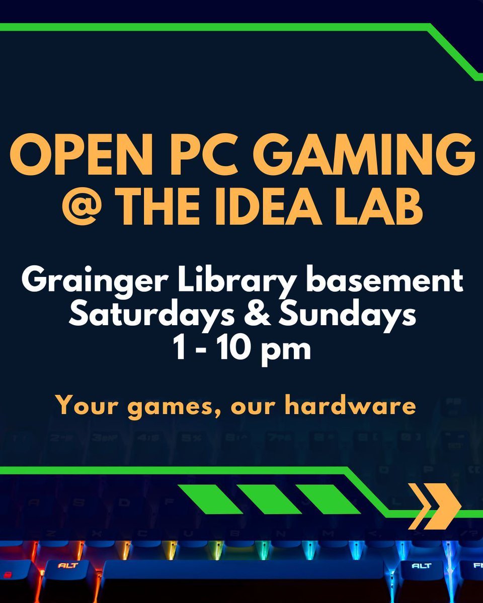 graingerlibrary's tweet image. For fall 2025, the IDEA Lab has Open PC Gaming on Saturdays &amp;amp; Sundays, 1 to 10 pm. Computer workstations will be available for play or work. No reservation is required, but seats are limited. Learn more about the lab&apos;s space and tech policies: go.illinois.edu/IDEAPolicy