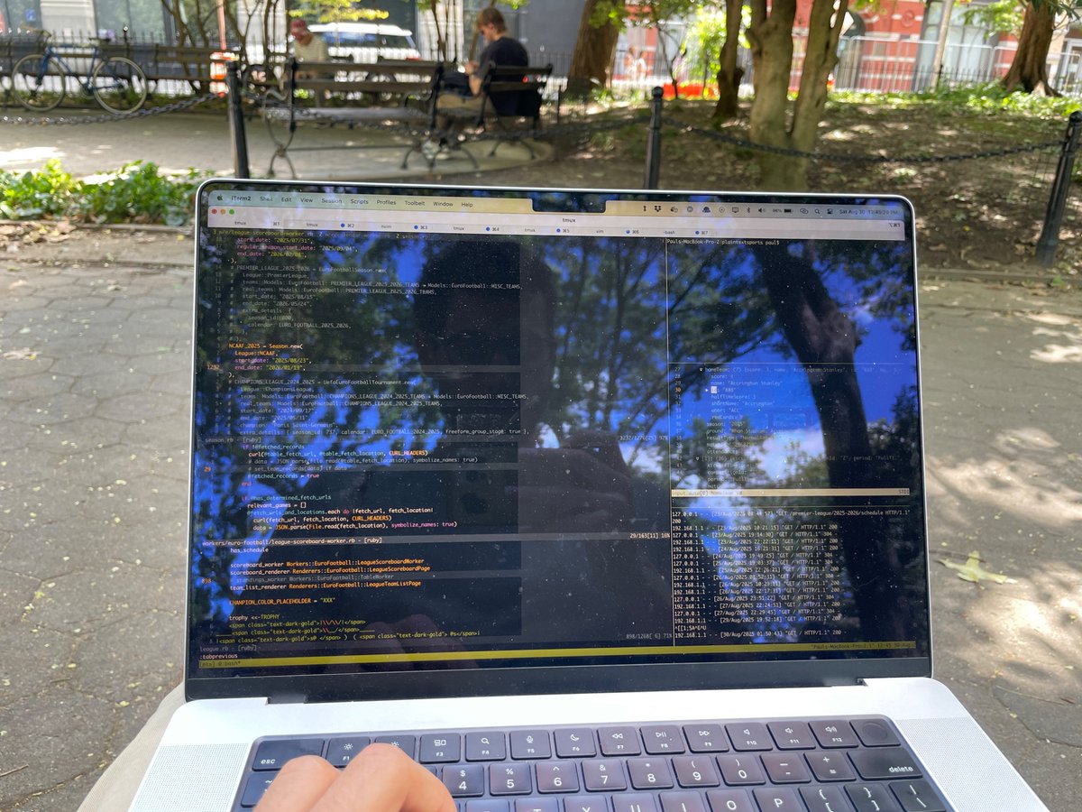 CodeIsTheEnd (@codeistheend) on Twitter photo It’s a beautiful day, but the people want the Premier League back on <a href="/PlainTextSports/">PlainTextSports</a>, so here I am, coding away in Washington Square Park. It’s a beautiful day, but the people want the Premier League back on <a href="/PlainTextSports/">PlainTextSports</a>, so here I am, coding away in Washington Square Park.