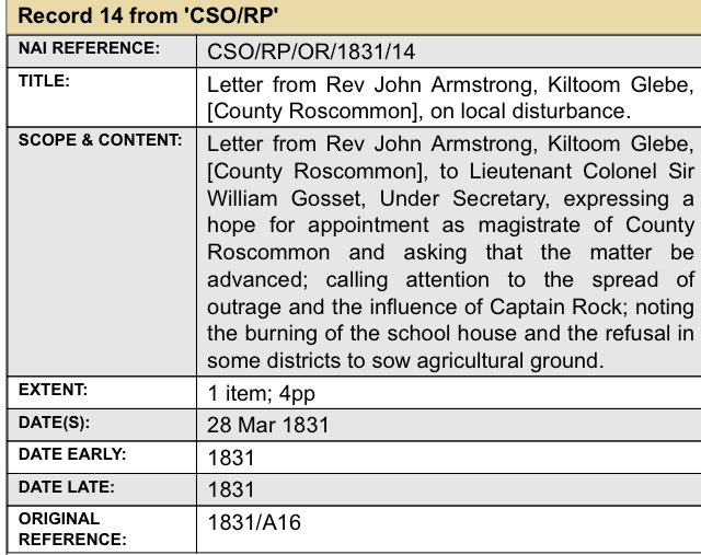 IGRS Top Research Tip #170: The State of the Country Papers / Outrage Reports, were a sub-series of Chief Secretary’s Office Registered Papers, starting in 1821. They detail serious crimes of a political or organised nature. See online catalogues: csorp.nationalarchives.ie/index.html