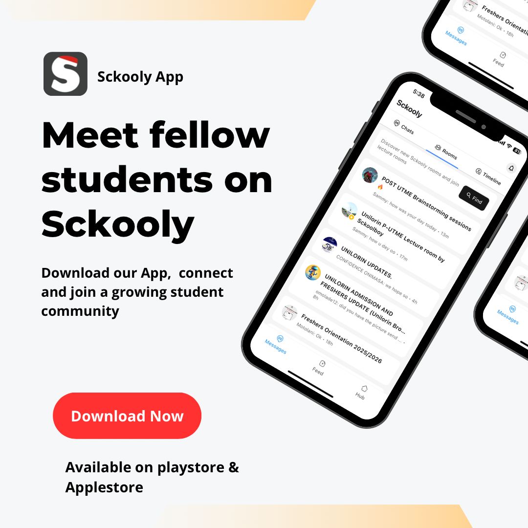 Join 2500+ students on Sckooly
Are you a student at the University of Ilorin? Sckooly is an app designed to be the new Facebook, X, and WhatsApp, but specifically for students, you can host lecture rooms, create groups, access academic features &amp; and private chat your friends.