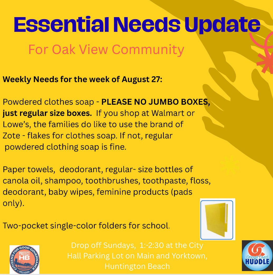 Stand w/Oak View Neighbors. Our neighbors are living in fear, harassment &amp; kidnappings keep families inside. They need us.

Protect HB + OC Huddle are helping meet basic needs. Join us.

📋 See flyer for this week’s needs
📍 Main &amp; Yorktown
🕐 Sun 1–2:30 PM