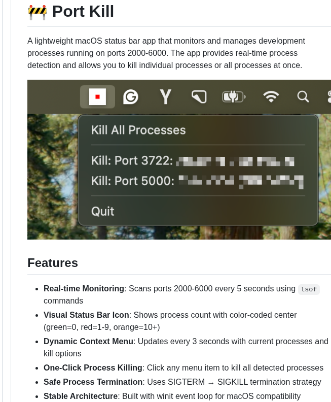 macOS status bar app to monitor and kill dev ports