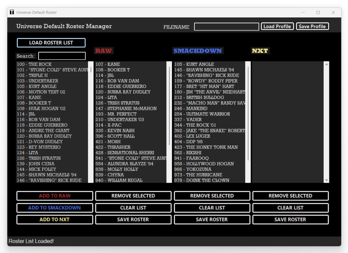Also dropping next in TRIBUTE, the Universe Default Roster Manager!

Set the starting rosters for new Universe Mode saves! Save to profiles for quick loading, or sharing.

You can have different profiles based on years that you can load in when starting a new universe. #WWE2K25