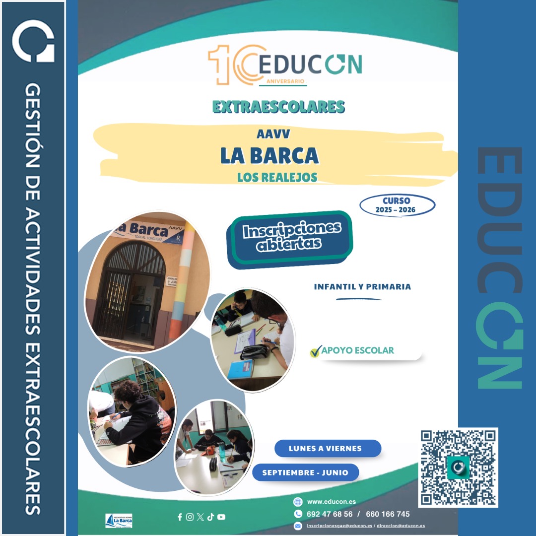 📍 AAVV La Barca – Los Realejos
Curso Escolar 2025–2026
🎉 EDUCON vuelve a La Barca con más ganas que nunca de acompañar a nuestros pequeños en su camino educativo.
Gracias por seguir confiando en nuestro equipo 💙
🌐 Inscripciones disponibles ya en: educon.es/inscripciones