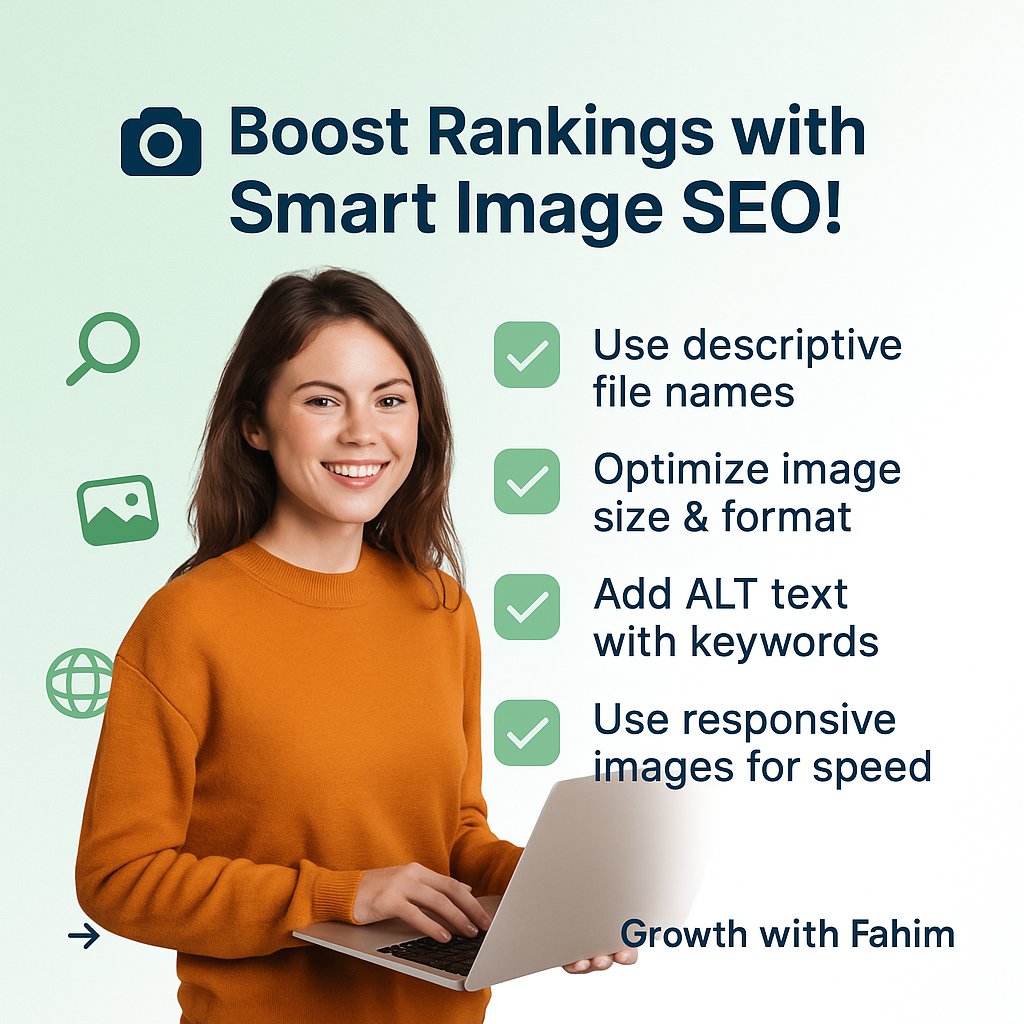 Boost your rankings with smart #ImageSEO 🚀
✔ Descriptive file names
✔ ALT text w/ keywords
✔ Optimized size &amp; format
✔ Responsive images for speed

Small changes = BIG SEO wins! 🔍
#GrowthWithFahim
#SEOtips #DigitalMarketing #MarketingStrategy #WebsiteSEO #ContentMarketing