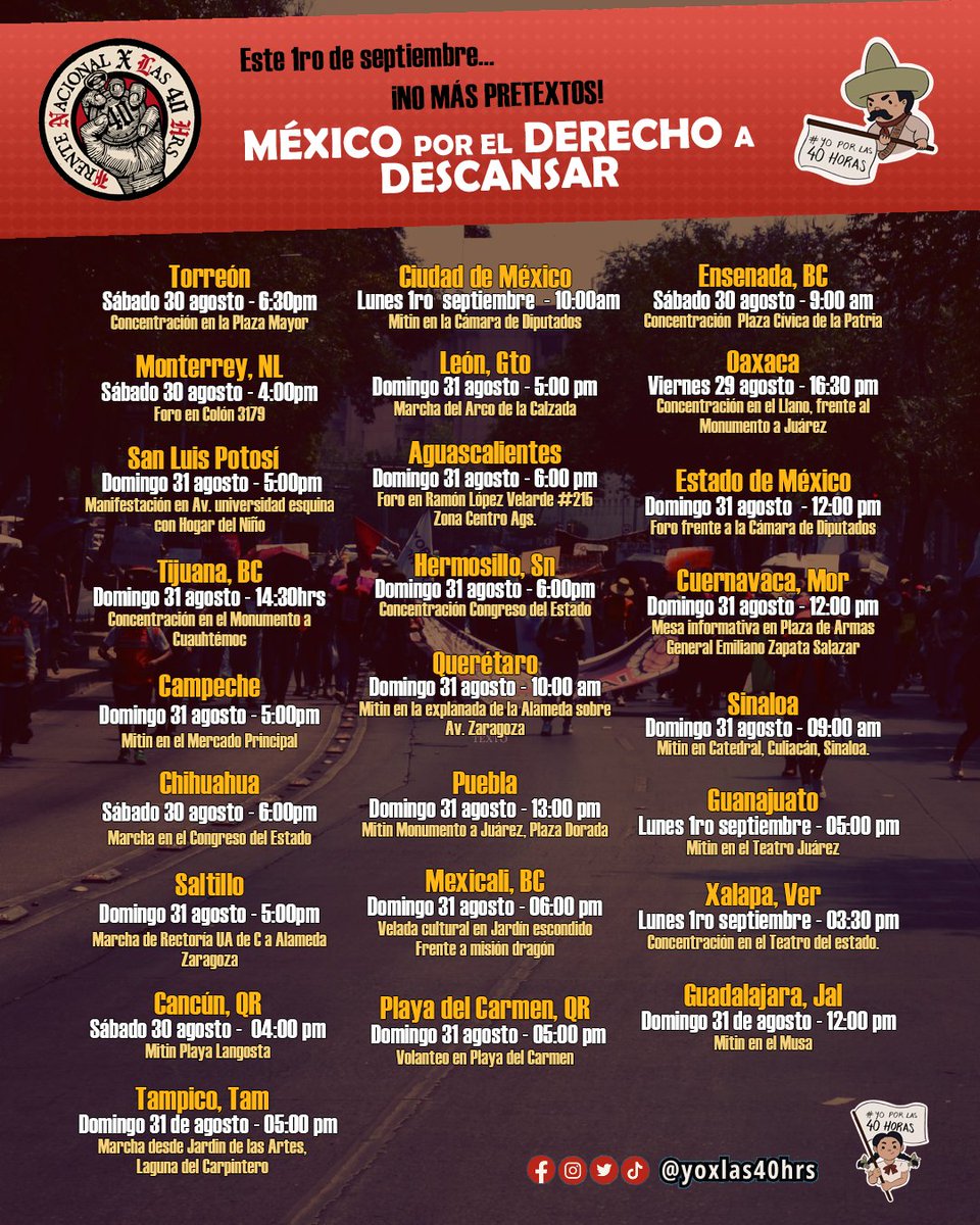 Este fin de semana salimos a las calles en todo México. 
¡Exigimos la reducción inmediata de la jornada laboral a 40 horas! No más explotación ni pretextos: 

¡Trabajar menos para vivir más! ✊🔥
#40HorasYa #100añosSinCambios #DerechoADescansar