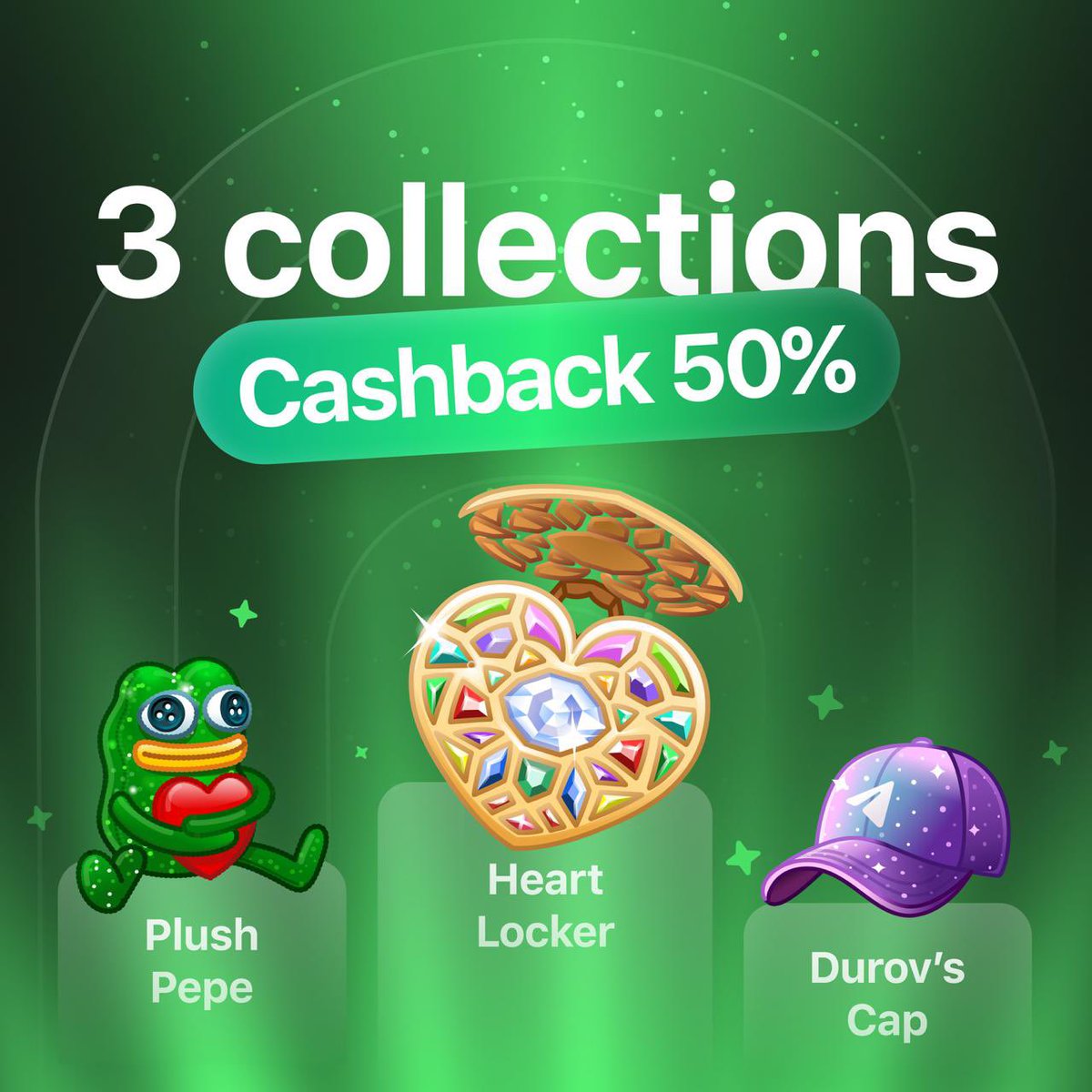 New Cashback Fortune 💙

This week 50% cashback is live for three community favorites: Plush Pepe, Heart Locket, Durov’s Cap

Until Friday, half the market fee comes right back to the buyer 🏷️