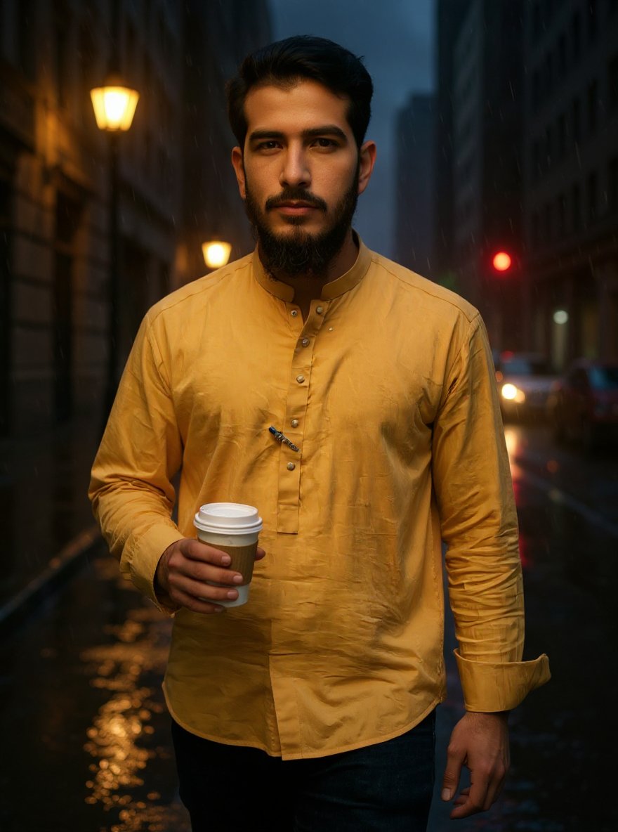 Promptopia4's tweet image. Man holding a paper coffee cup while walking under yellow streetlights on a rainy night, reflections on wet pavement, soft urban glow, moody atmosphere, cinematic realism, no face change.
#النصر_التعاون #الهلال_الرياض #ترامب