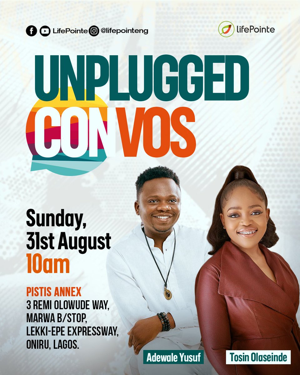 Unplugged Conversations kicks off tomorrow immediately after Bible Study and we’re bringing in two incredible voices:
🌟 Adewale Yusuf <a href="/AdewaleYusuf_/">Adewale Yusuf</a> CEO of AltSchool Africa
🌟 Tosin Olaseinde <a href="/tosinolaseinde/">Olúwatósìn Olaseinde</a> – CEO of Money Africa

See you there 👋🏽