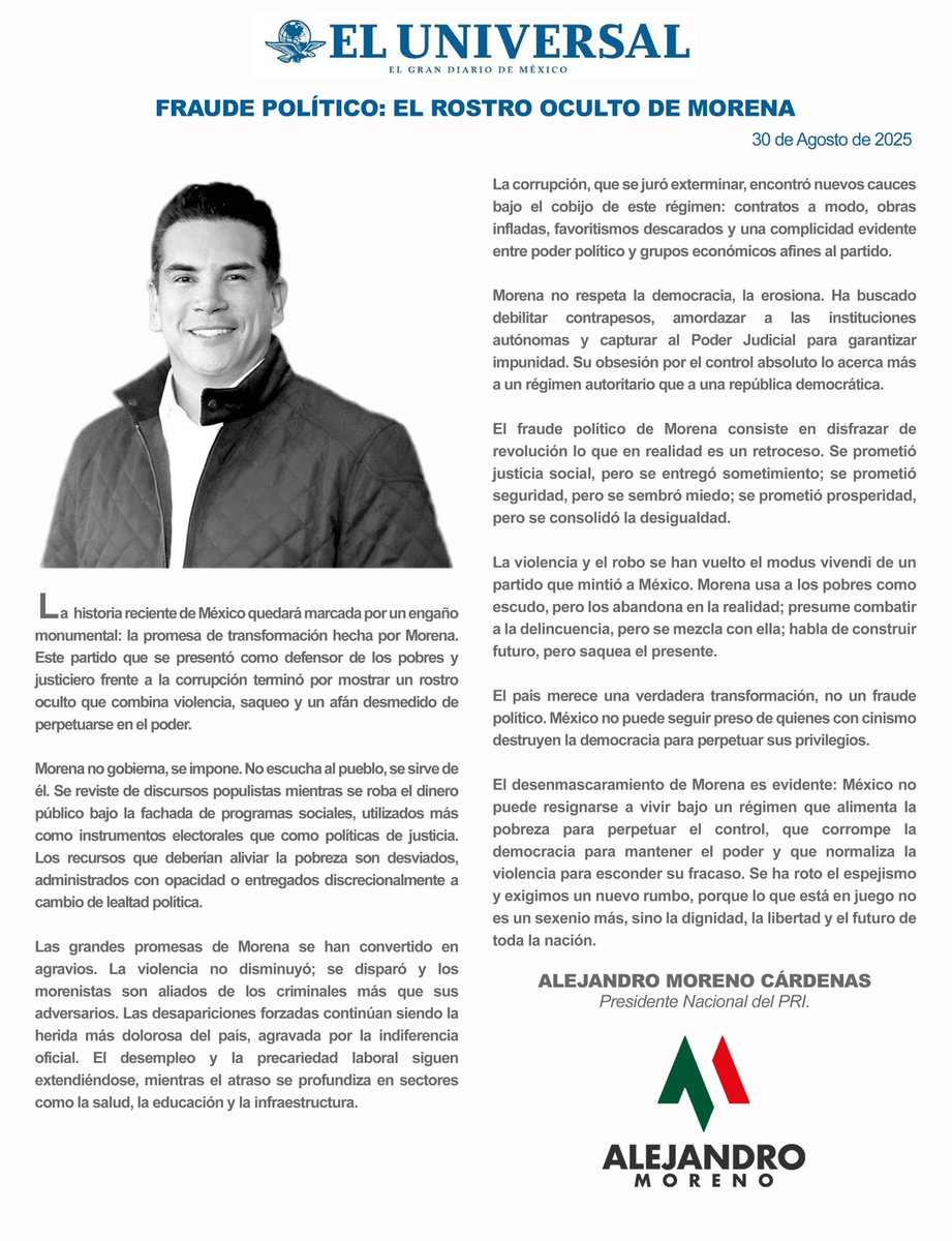 El fraude político de Morena consiste en disfrazar de revolución lo que en realidad es un retroceso. Se prometió justicia social, pero se entregó sometimiento; se prometió seguridad, pero se sembró miedo; se prometió prosperidad, pero se consolidó la desigualdad.

Les comparto mi