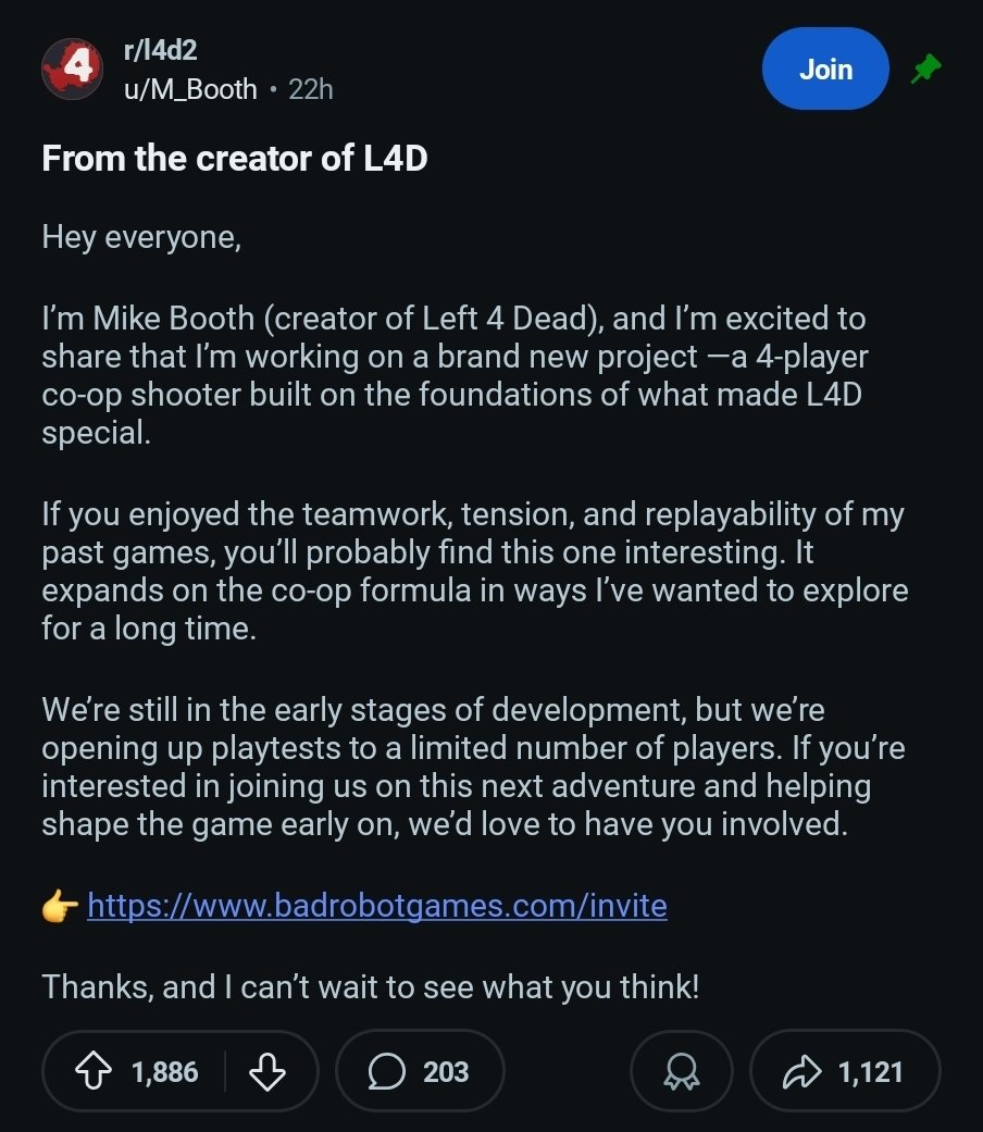 gabefollower's tweet image. Mike Booth, co-creator of the original Left 4 Dead, has announced his partnership with Bad Robot to work on a new four-player co-op shooter built on the foundations of what made L4D special. It's currently in the early stages of production and they're looking for playtesters.
