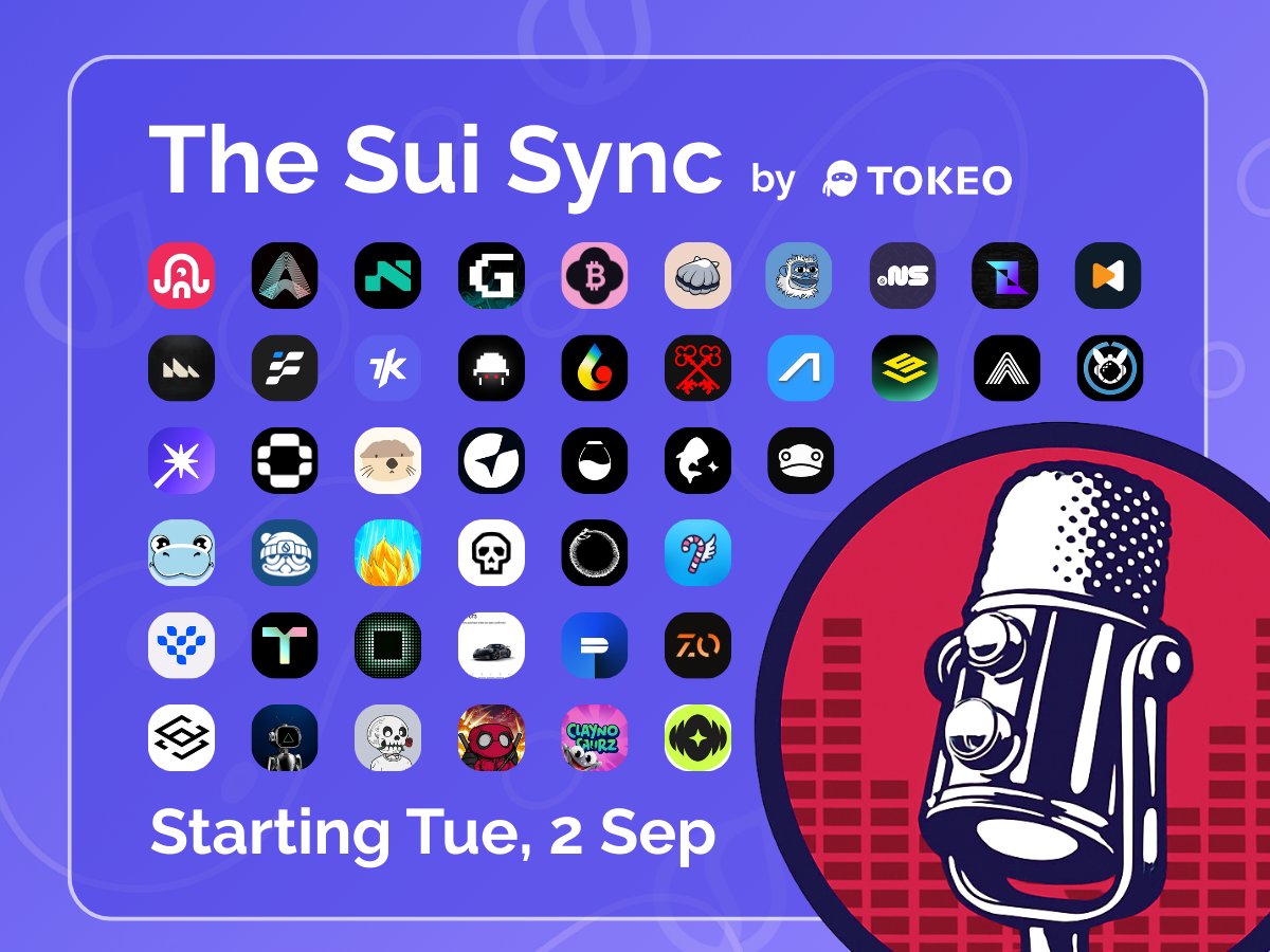 Tokeo_io's tweet image. Introducing The Sui Sync! 🎙️ 

45+ Projects 12+ Spaces, 7 days, talking all things Sui 💧 

Join us alongside dozens of guests seen below, to talk everything Sui!

Learn more 🔽