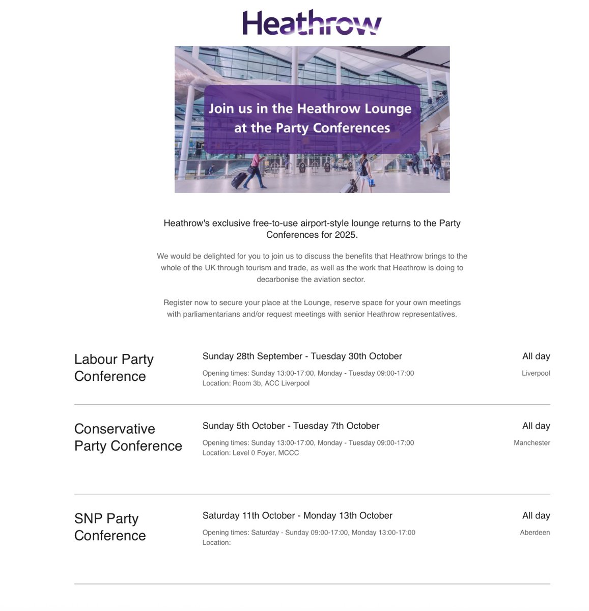 <a href="/drdavidbull/">Dr David Bull</a> <a href="/reformparty_uk/">Reform UK</a> Heathrow Airport isn't "sponsoring Reform".

It sponsors lounges at *every* party conference.

Except yours and the LibDems, it seems.