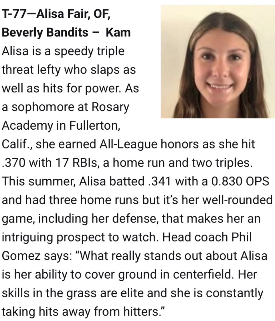 Thank you <a href="/LineDsoftball/">Line Drive Media</a> for ranking me #77 in the 2027 Class on Line Drive Hot 100! <a href="/bbkam2009/">Beverly Bandits Komara 16U Premier</a>