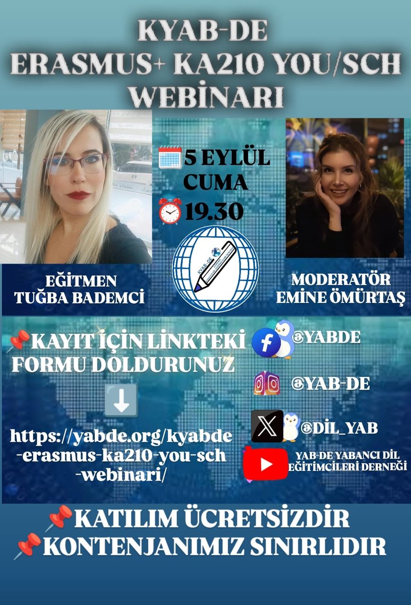 5 Eylül Cuma Günü  saat 19.30 'da Emine Ömürtaş Moderatörlüğünde Tuğba Bademci tarafından KA210 YOU/ SCH eğitimi verilecektir. Eğitim ücretsiz olup, katılım için Websitesimizde yer alan linki doldurmanız gerekmektedir. Katılım sınırlıdır.
yabde.org/kyabde-erasmus…