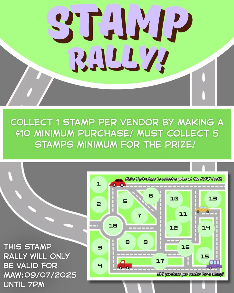 ✨ Start your little road adventure at MAW! Each booth is a pit-stop🏁Collect your stamps along the way. Once you’ve hit 5, cross the finish line and claim your prize!! 🏆 

Don’t forget to Pre-Reg &amp; VIP Parking ( for free! ) and collect more free goodies! linktr.ee/maw_