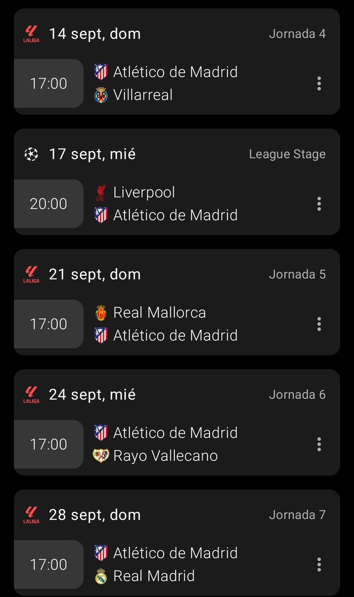 Este es el calendario del Atletico de Madrid en Septiembre. A final de mes podemos estar hundidos.El Liverpool nos va a vapulear y el Madrid nos va a dar la puntilla. URGE echar a Cholo para evitar la humillación e intentar salvar la temporada COMO SEA con QUIEN SEA. FORZA ATLETI