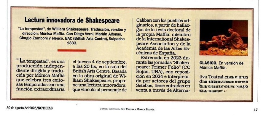 Gracias <a href="/jormontiel/">Jorge Luis Montiel 💚</a> por este comentario sobre mi versión de #LaTempestad de #Shakespeare  y a <a href="/noticiasrevista/">Revista Noticias</a> por el espacio destacado que le brindaron.
👉jueves 4 a las 20hs en el #BritishArtsCentre (Suipacha 1333, CABA) 
Entradas publico.alternativateatral.com/entradas84543-…