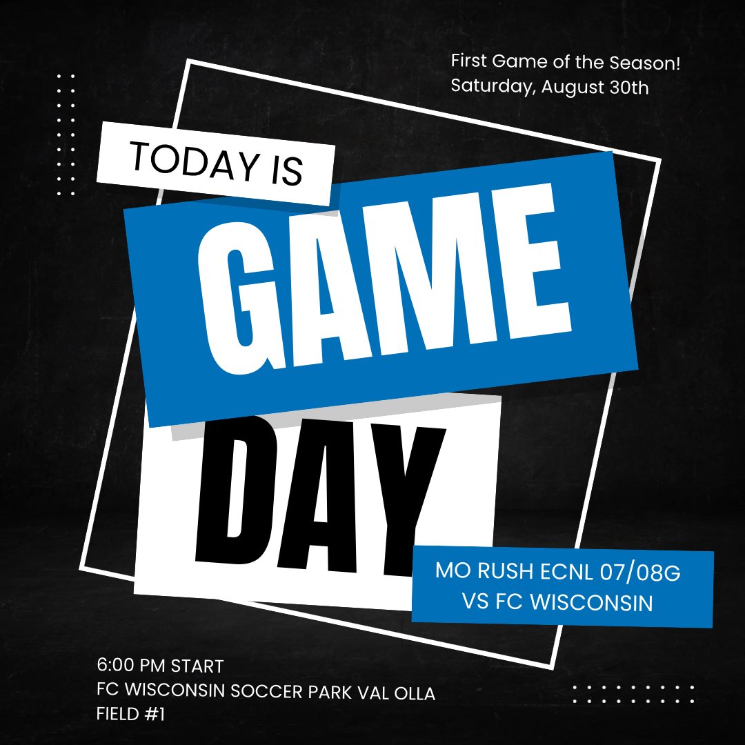 MO Rush ECNL-RL 08G (@morushecrl2008g) on Twitter photo Season opener today!
📆 Saturday, August 30th
⏰ 6:00pm
📍 FC Wisconsin Soccer Park Val Olla Field #1
🆚 FC Wisconsin
Go Rush!!!
<a href="/MoRushSoccer/">Missouri Rush</a> <a href="/MoRushECNL/">MoRush ECNL</a> <a href="/ECNLgirls/">ECNL Girls</a> <a href="/TheECNL/">The ECNL</a> <a href="/ImYouthSoccer/">ECNL/GA/Recruiting/College Soccer</a> <a href="/TopDrawerSoccer/">TopDrawerSoccer</a> <a href="/ImCollegeSoccer/">College Soccer Truth ™</a> Season opener today!
📆 Saturday, August 30th
⏰ 6:00pm
📍 FC Wisconsin Soccer Park Val Olla Field #1
🆚 FC Wisconsin
Go Rush!!!
<a href="/MoRushSoccer/">Missouri Rush</a> <a href="/MoRushECNL/">MoRush ECNL</a> <a href="/ECNLgirls/">ECNL Girls</a> <a href="/TheECNL/">The ECNL</a> <a href="/ImYouthSoccer/">ECNL/GA/Recruiting/College Soccer</a> <a href="/TopDrawerSoccer/">TopDrawerSoccer</a> <a href="/ImCollegeSoccer/">College Soccer Truth ™</a>