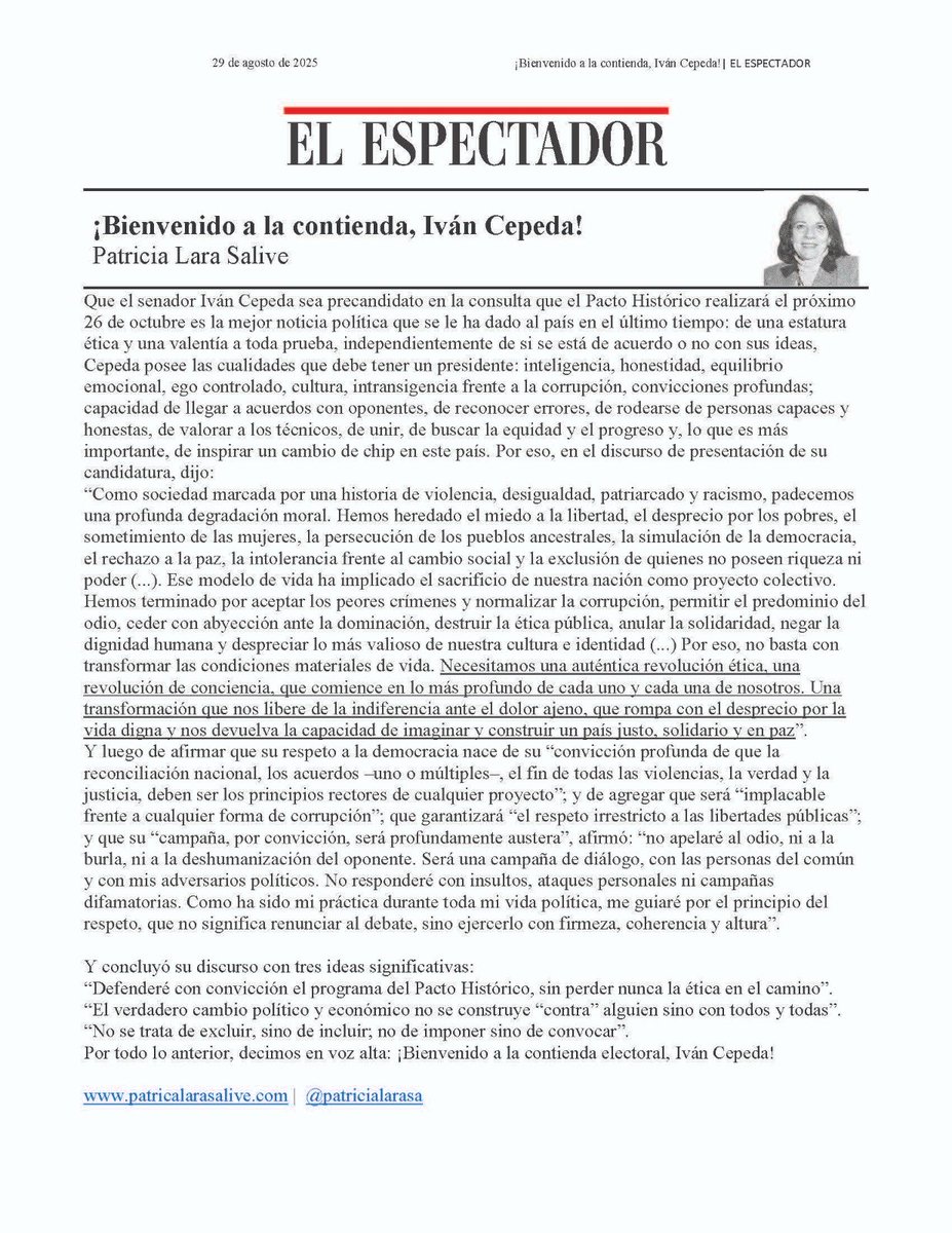 Les comparto mi columna de  ⁦<a href="/elespectador/">El Espectador</a>⁩ ⁦<a href="/IvanCepedaCast/">Iván Cepeda Castro</a>⁩ Un dingo candidato de la izquierda: inteligente, honesto, valiente,  equilibrado emocionalmente, capaz de llegar a acuerdos