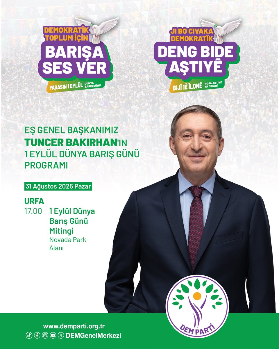 Eş Genel Başkanımız Tuncer Bakırhan, 1 Eylül Dünya Barış Günü dolayısıyla yarın (31 Ağustos Pazar) Urfa’da olacaktır.