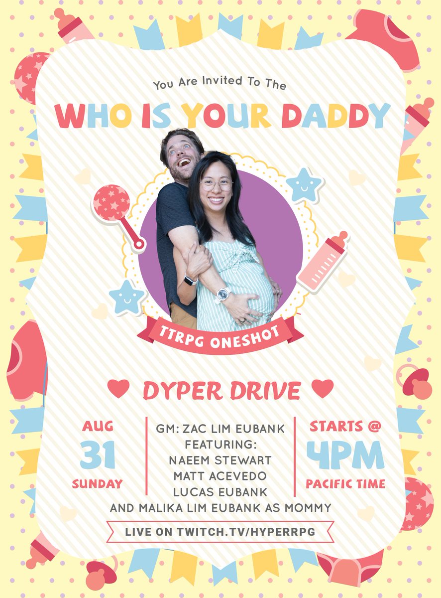 zaceubank's tweet photo. Tomorrow we have special guests @kellynugee @Ninjanomics101 @Mrpianopants @StellaChuuuuu  and @MissGinaDarling all competing for the role of Father. 

Who will be the ultimate daddy?

Make sure to tune into @Hyper_RPG twitch to find out! https://t.co/ez1we23d45