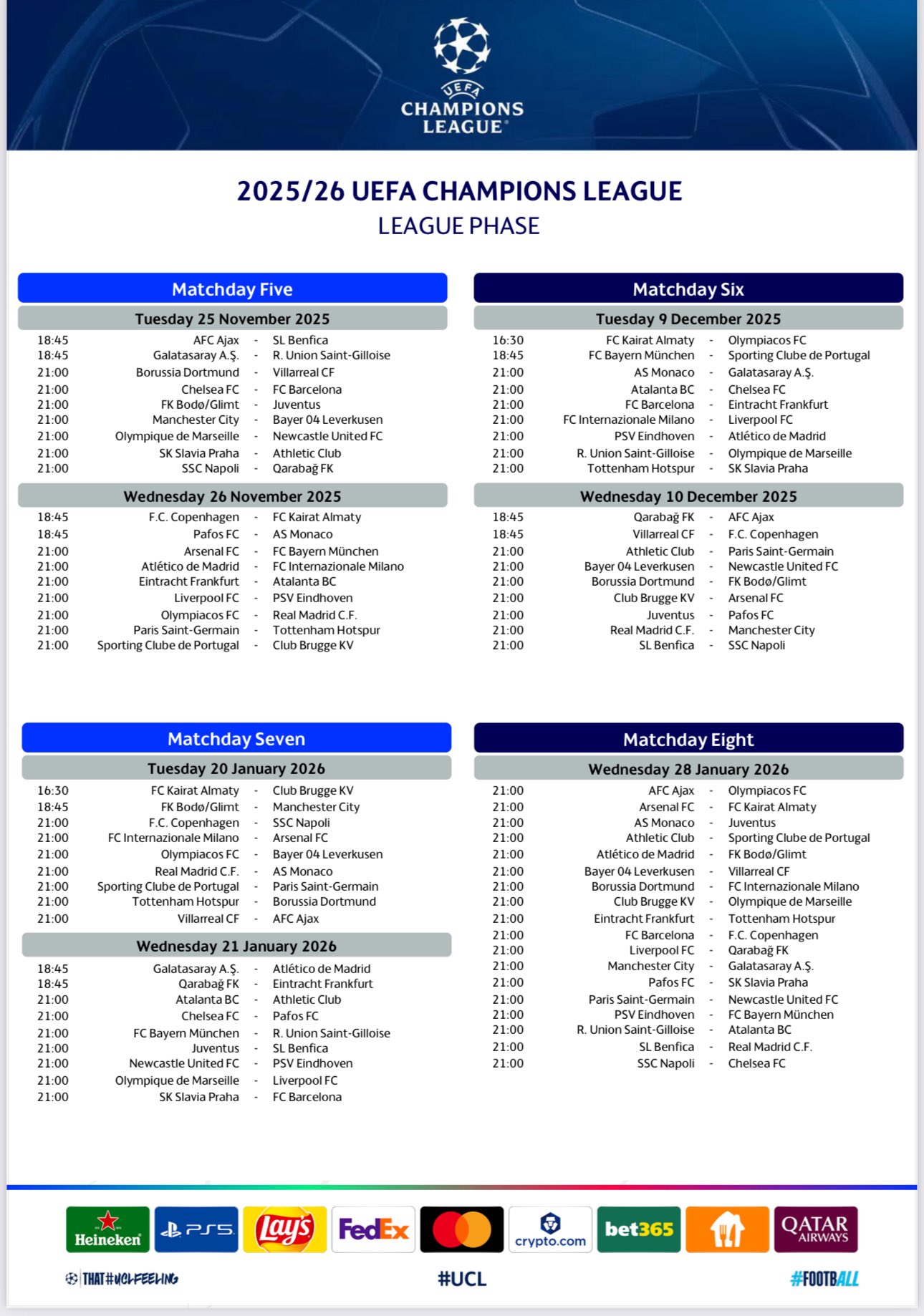 NALHIE on X: "2025/26 UEFA Champions League – League phase – Calendar by  matchday Source : UEFA #ChampionsLeague https://t.co/cimSqO4EgI" / X