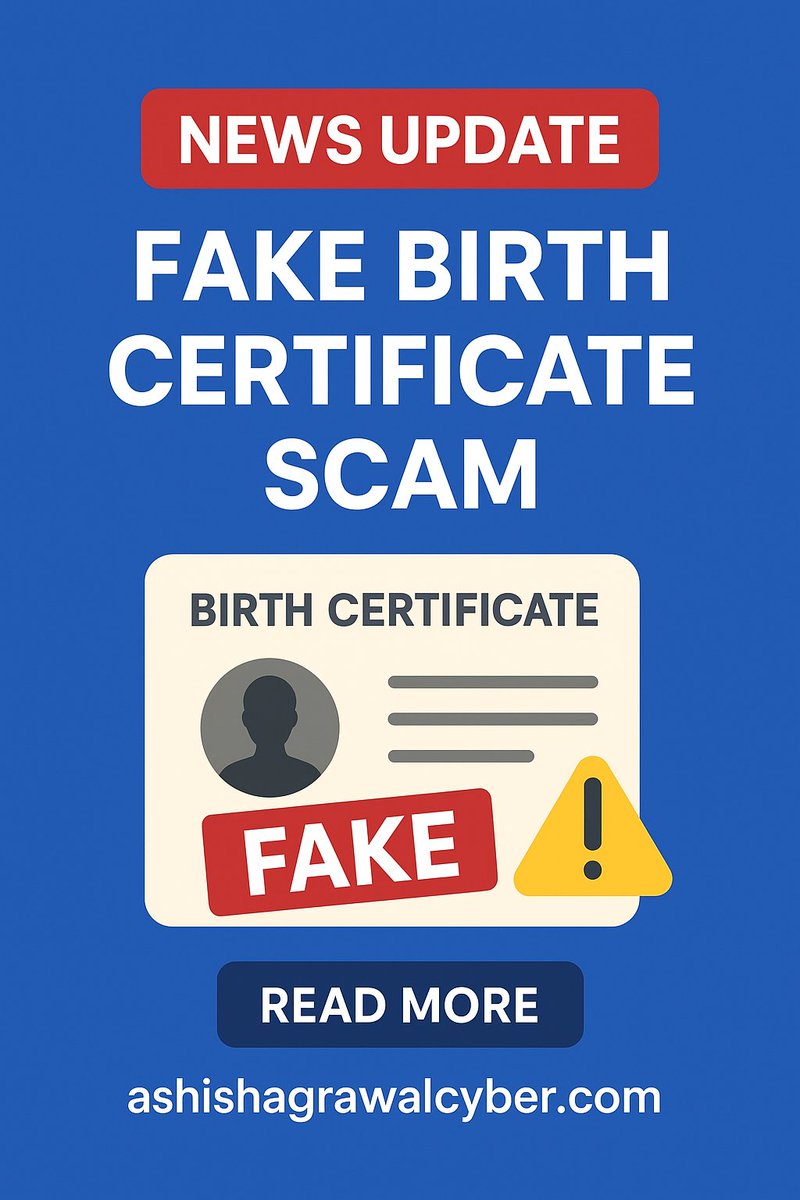 cyberadvashish's tweet image. 🚨 Fake Birth Certificate Scam in India 🚨
● Hackers are forging birth records for ID theft, fake Aadhaar &amp;amp; fraud. ⚖️ Covered under BNS &amp;amp; IT Act. Stay alert, verify via govt. portals!

📰 Full Article Here 👉ashishagrawalcyber.com/fake-birth-cer…

#CyberAwareness 
#FakeCertificates