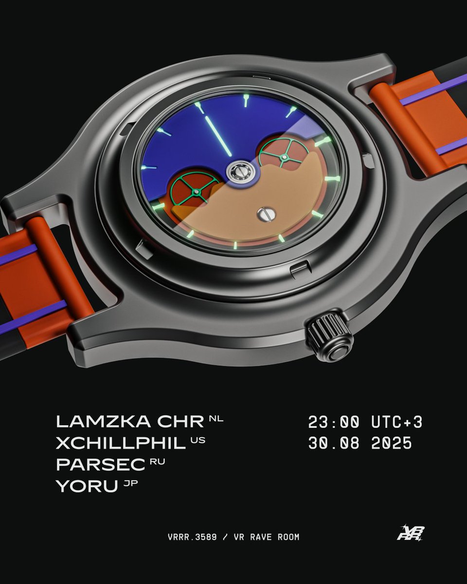 August 30 / 23:00 UTC+3 / Online Event
VR Rave Room / VRRR Clockwork
Today  marks the debut of Japanese DJ <a href="/yoru019/">よる_yoru</a>  at VRRR. Alongside: American  powerhouse <a href="/xChillphil/">xChillphil</a> , Russian <a href="/parsecdnb/">Parsec</a>  and Dutch talent <a href="/LamzkaCHASEMEU/">LamzkaCHR</a>
