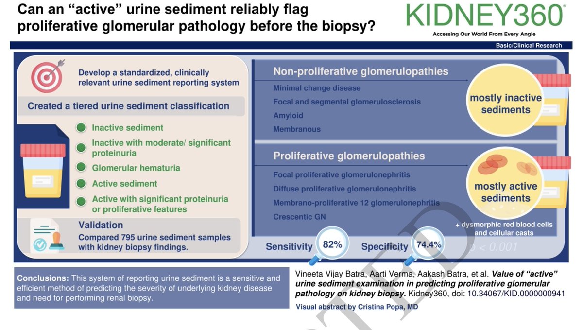 RafaelLpezMrqu2's tweet photo. Value of “Active” Urine Sediment Examination in Predicting Proliferative Glomerular
Pathology on Kidney Biopsy (2025 Kindey360).
✅️The PPV of active urine sediment to detect proliferative glomerular pathology was 82.9% with a NPV of 73.2%.
DOI: 10.34067/KID.0000000941 https://t.co/DwyIB3eiMr
