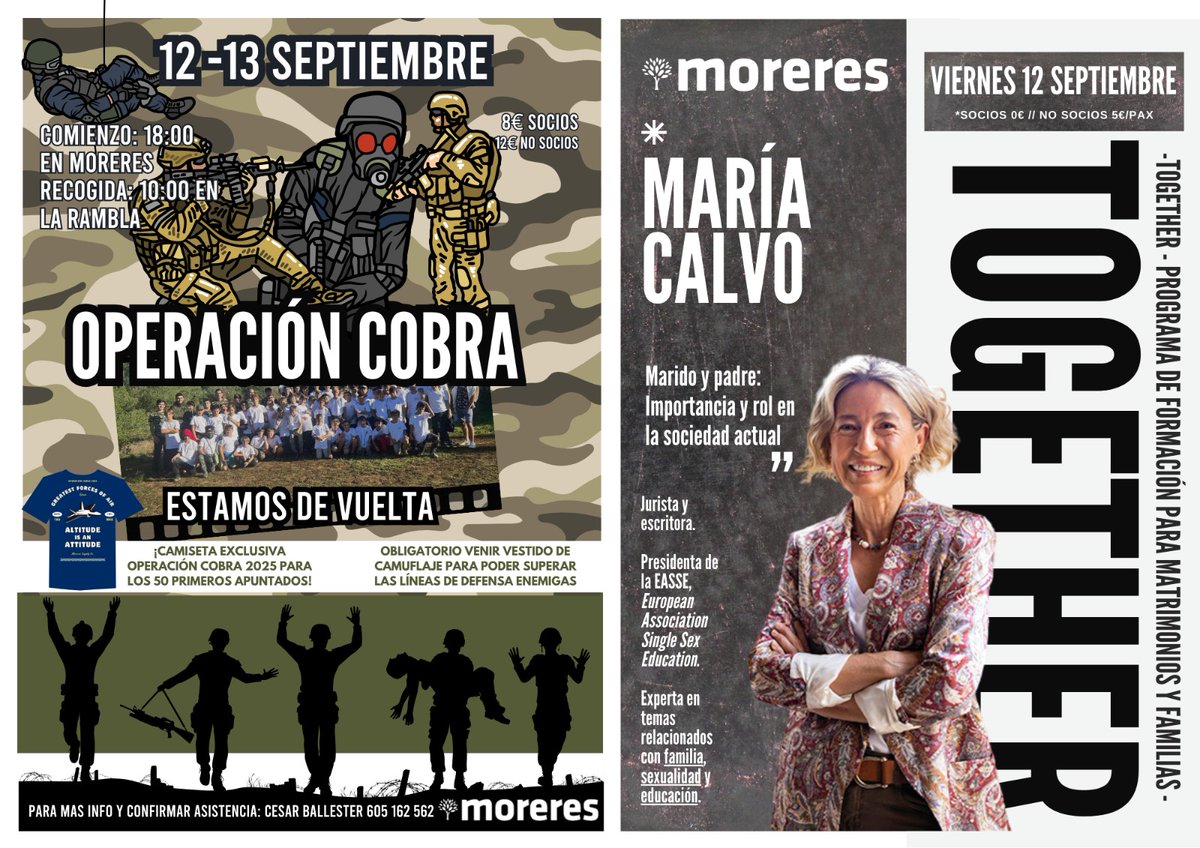 📆 Viernes 12 de septiembre.

🗣️ Sesión de formación para matrimonios y familias con María Calvo.

🐍 Operación Cobra, a partir de 4° de Primaria.

¡Arrancamos por todo lo alto! 🥳

#Moreres #familias #formación #planes