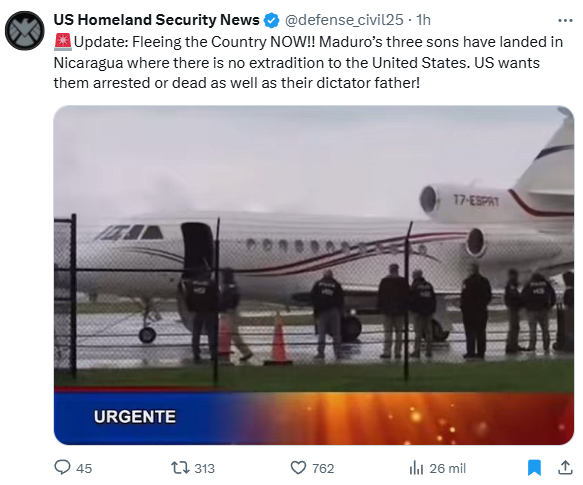 🚨 ¡Alerta máxima! Confirmado
Los tres hijos de Maduro huyen a Nicaragua, país sin extradición a EE. UU.
Como mencioné anteriormente, Maduro busca exiliarse en Nicaragua y ya envió al primer contingente: sus hijos.
Además, planea dejar a Delcy Rodríguez como presidenta interina,