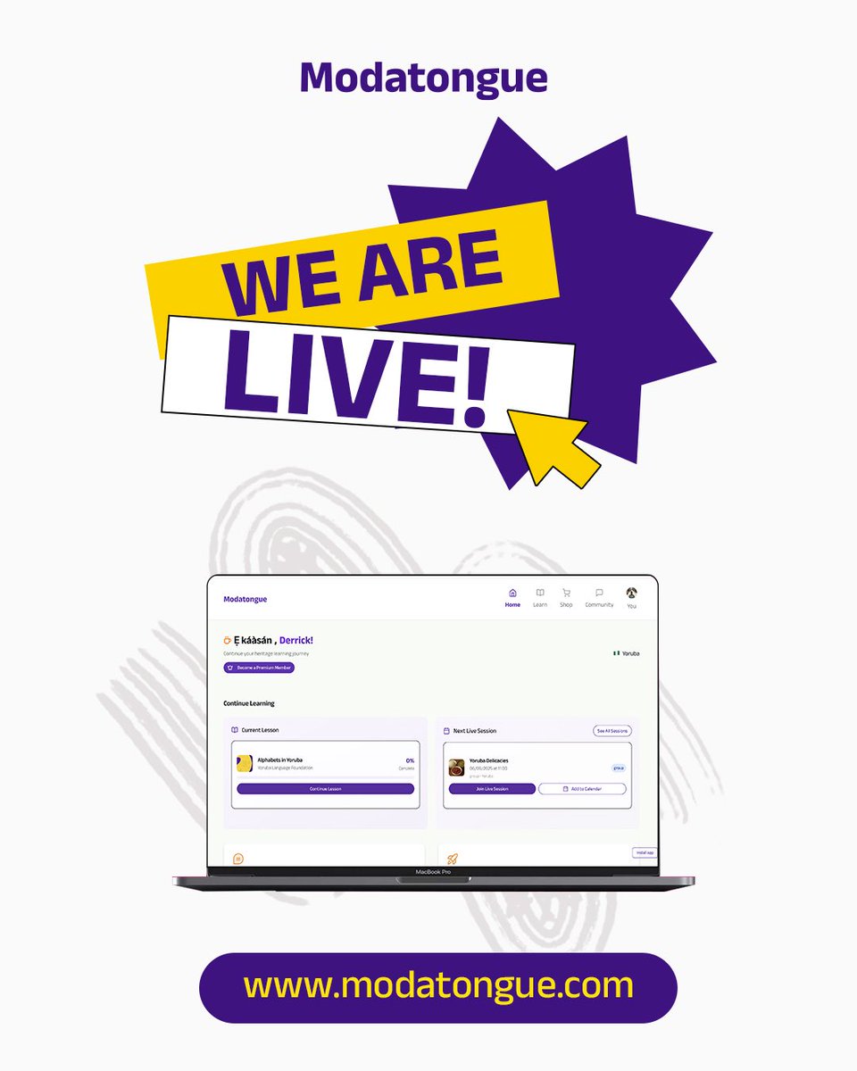 WE ARE LIVE!

Stop learning languages. Start reclaiming your heritage!  Visit modatongue.com and get started for free 😉.

#Modatongue #AfricanHeritage #YorubaLanguage #IgboLanguage #AkanLanguage #EweLanguage #Swahili