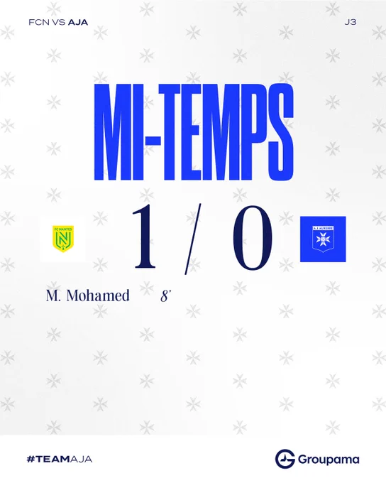 ⏸️ 𝐌𝐢-𝐭𝐞𝐦𝐩𝐬 🏟️ Surpris en début de match, nos Auxerrois ont eu des situations pour revenir mais sont menés d'un but. On ne lâche pas ! ⚔️#TeamAJA #FCNAJA (1-0)