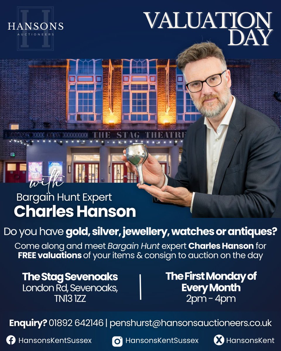 📣 Free valuations with Charles Hanson!
Join the Hansons Kent &amp; Sussex team at the <a href="/StagSevenoaks/">The Stag Sevenoaks</a> on Monday 1st Sept, 2–4pm.
Bring your gold, silver, jewellery, watches &amp; antiques. No booking needed!
📍 TN13 1ZZ
📧 penshurst@hansonsauctioneers.co.uk
<a href="/HansonsAuctions/">Charles Hanson</a>