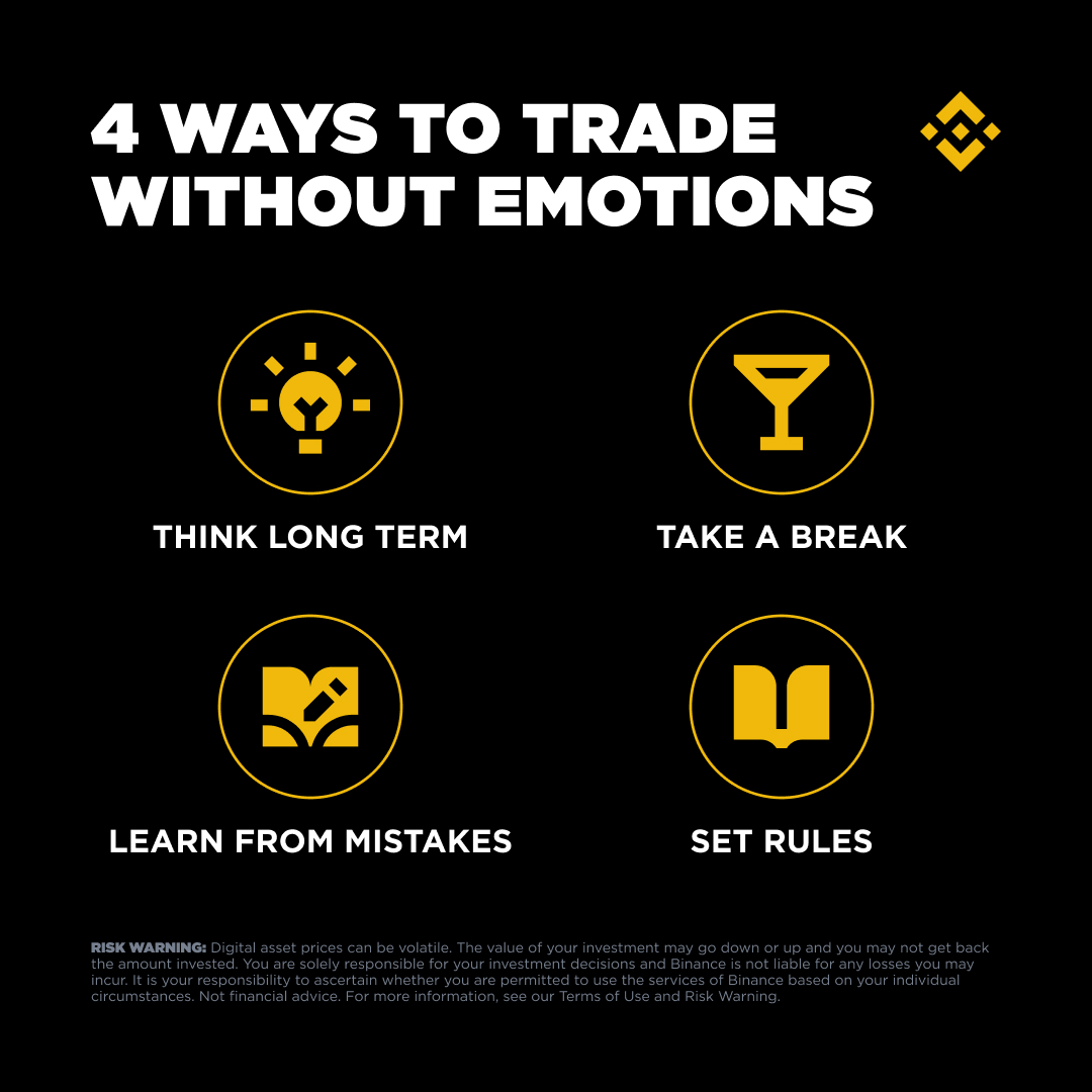 binance's tweet image. Keeping emotions out of trading is easier said than done, but mastering your mindset is key to success.  

Check out these 4 essential tips to help you stay focused 👇
