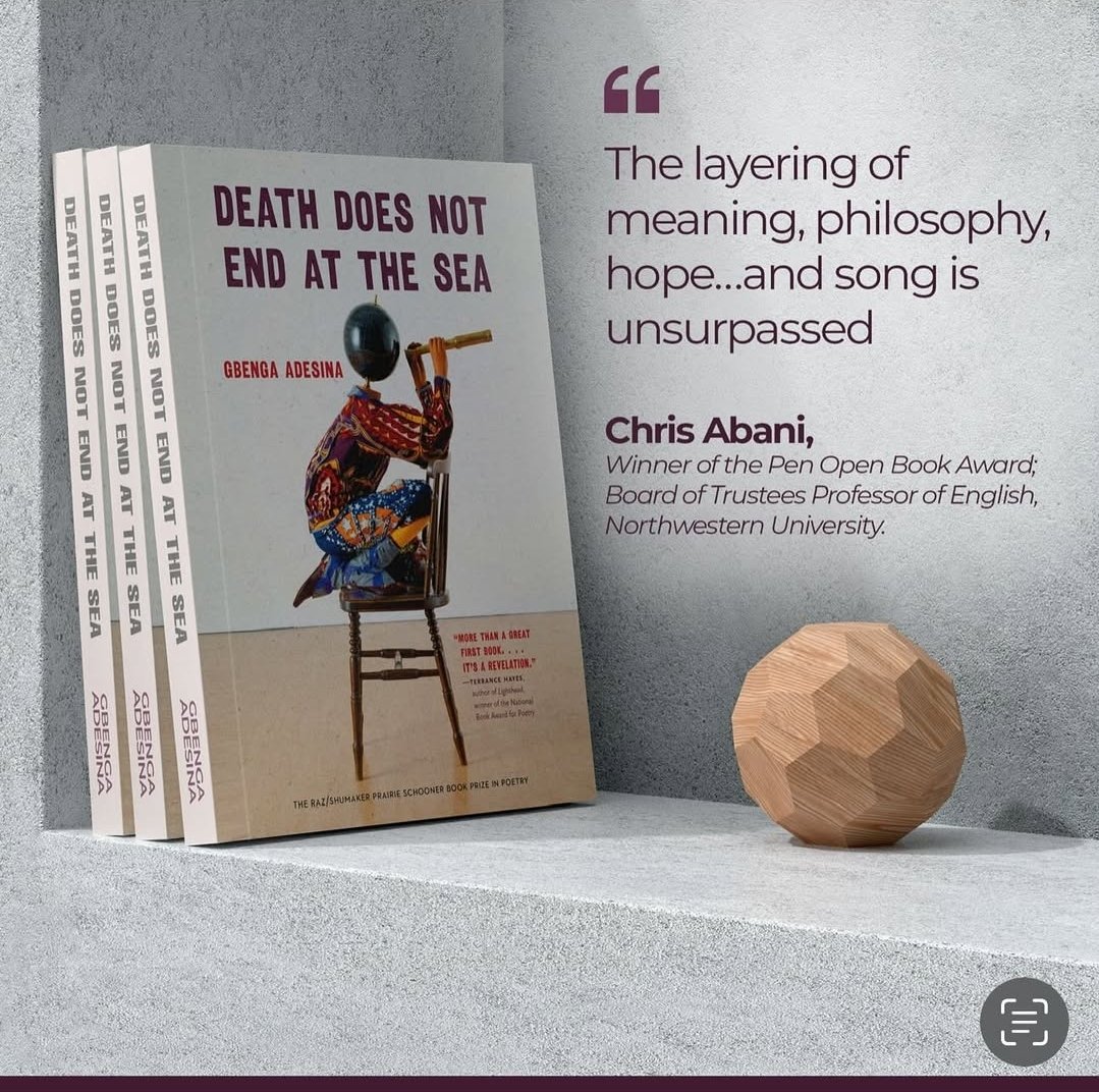 topeapoola's tweet image. Gbenga Adesina launches his book Sept 1 in the Shenandoah Valley of Virginia, Sept. 1, 2025. Book, &quot;Death Does Not End at the Sea&quot; (Universiry of Nesbraka Press, 2025) is both an emotional and comforting Ode to the ghosts in our life. #poetry #bookalert

instagram.com/p/DN8xkEsAZe1/…