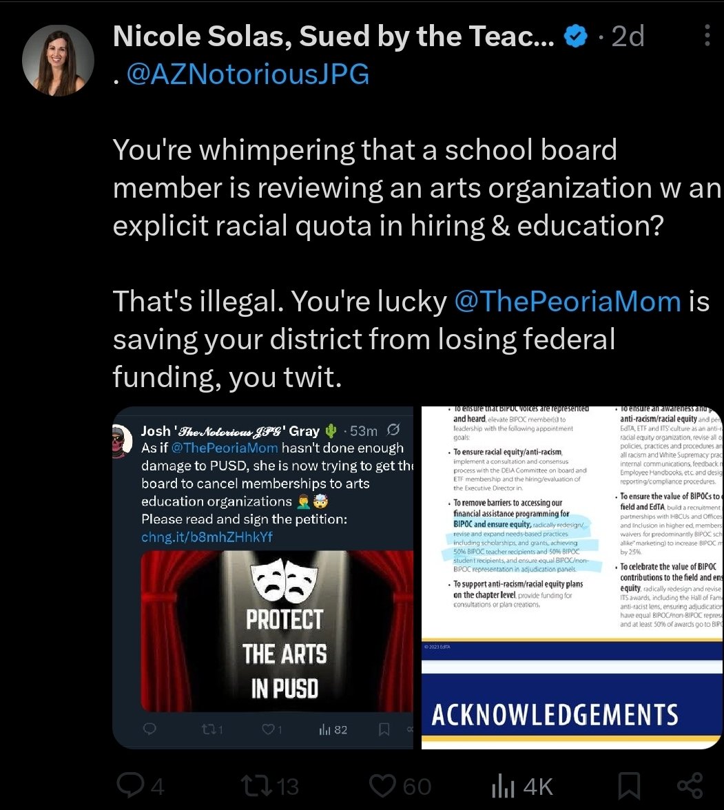 Josh '𝓣𝓱𝓮 𝓝𝓸𝓽𝓸𝓻𝓲𝓸𝓾𝓼 𝓙𝓟𝓖 ' Gray 🌵 (@aznotoriousjpg) on Twitter photo I can't respond to <a href="/Nicoletta0602/">Nicole Solas, Sued by the Teachers Union</a> because she has me blocked, but this is clearly NOT illegal. After 64 people spoke at the board meeting even <a href="/ThePeoriaMom/">Heather Rooks The Peoria Mom</a> had to tuck tail and continue memberships in these programs. Her political theater failed and the students won, you twit. I can't respond to <a href="/Nicoletta0602/">Nicole Solas, Sued by the Teachers Union</a> because she has me blocked, but this is clearly NOT illegal. After 64 people spoke at the board meeting even <a href="/ThePeoriaMom/">Heather Rooks The Peoria Mom</a> had to tuck tail and continue memberships in these programs. Her political theater failed and the students won, you twit.