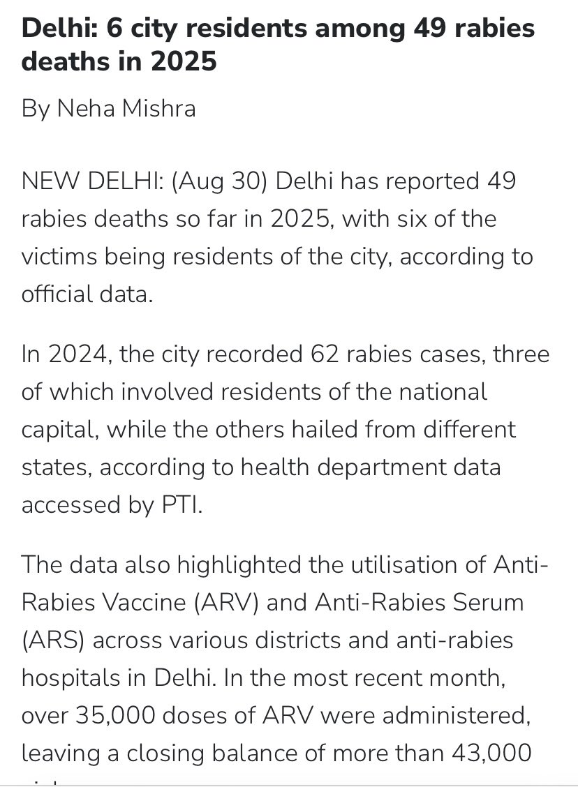 Exclusive 

Delhi has reported 49 rabies deaths so far in 2025, with six of the victims being residents of the city, according to official data.

ptinews.com/story/national…