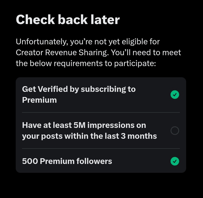 the amount of "congratulations" and "elon did" i've seen today 🙂.

and i didn't receive any, it's time to work for this.

i have 1.4k verified followers currently, remaining 5M impressions.

once you see me doing my stuffs under any big account.

just face front and wish me good