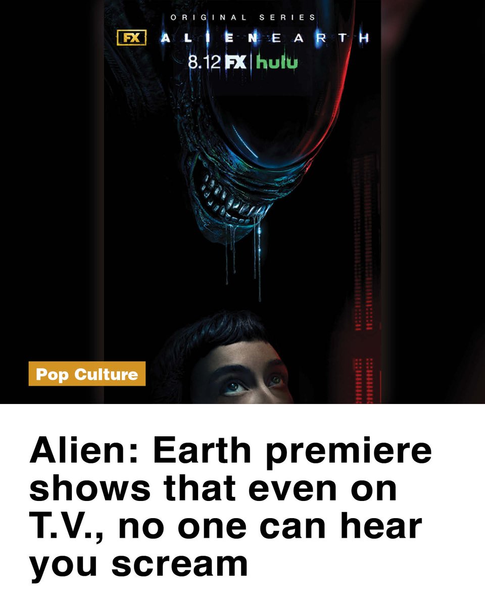 Runnermag's tweet image. #POP CULTURE: Alien: Earth premiere shows that even on T.V., no one can hear you scream

The newest addition to the Alien franchise boldly tackles technology, corporate power, and cosmic horror

 #AlienEarth #AlienFranchise #PopCulture
ow.ly/w9I150WOBop