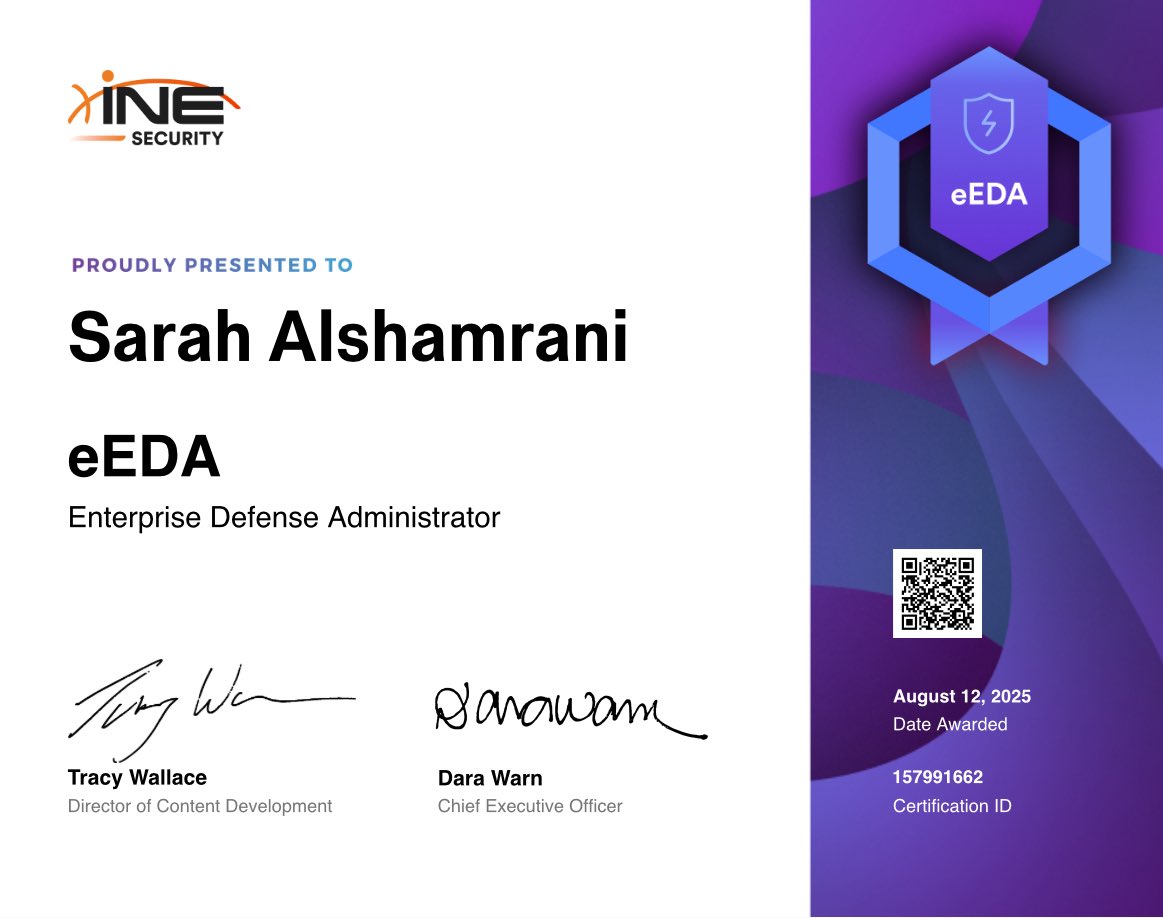 sarahcybersec's tweet image. I did it ✨ الحمدلله 
eEDA – Enterprise Defense Administrator 
شهادة تفتح آفاق قوية في عالم الـ Cyber Security 
#eEDA #CyberSecurity #INE