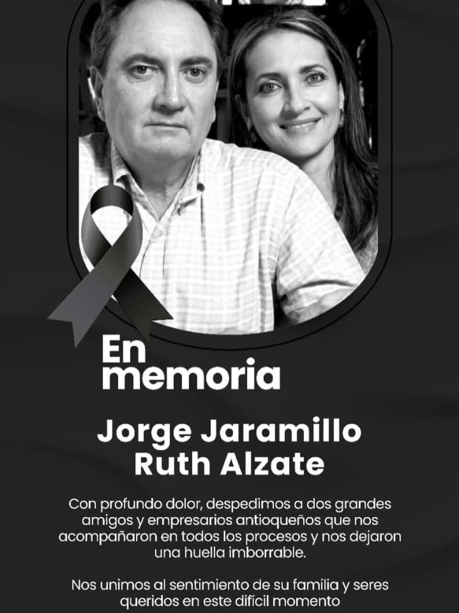 Con mucho pesar despedimos a Jorge Jaramillo y Ruth Alzate, quienes fallecieron en un trágico accidente. Destacados empresarios y ganadero hicieron del Restaurante Rancherito simbolo de Antioquia en el país.  Nuestras condolencias a sus hijas, nietos, a su  hermano Sergio y toda
