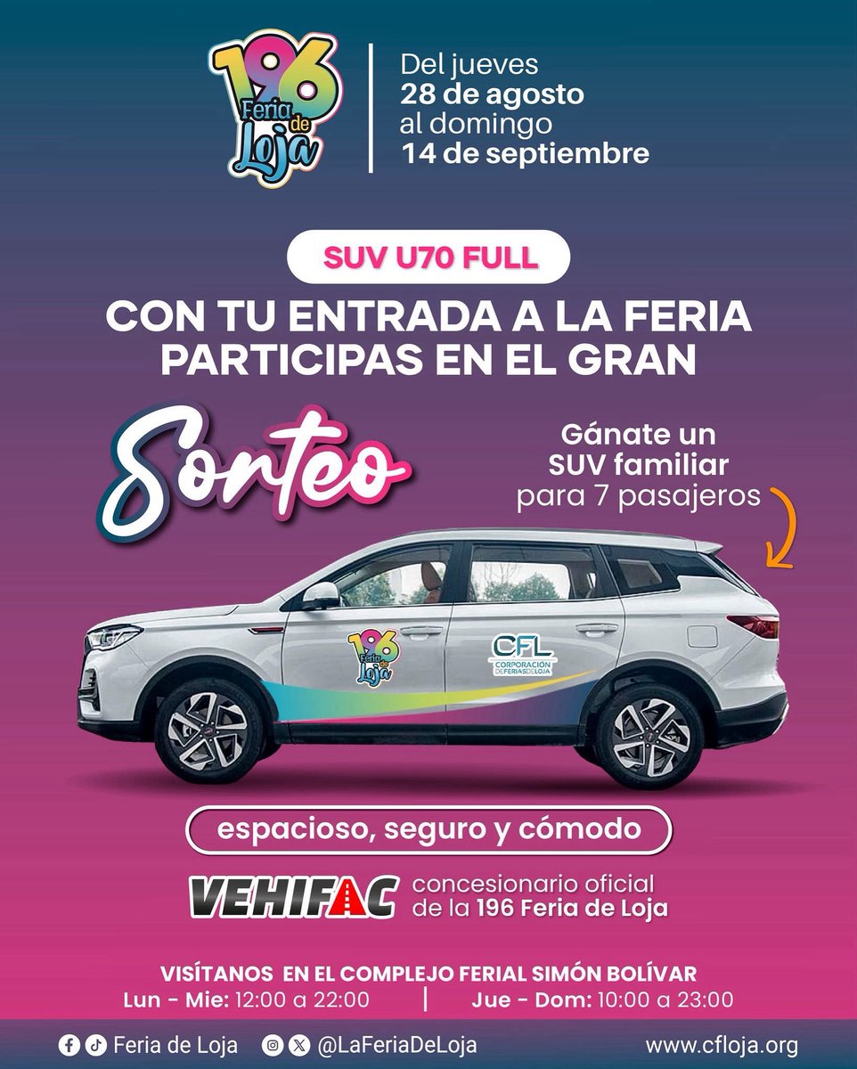 🚘✨ ¡En la 196 Feria de Loja puedes llevarte un CARRO CERO KILÓMETROS! ✨🚘

Participa en nuestro GRAN SORTEO y vive la emoción de ganar el premio que todos sueñan. 🔑🎉
Cada visita, cada momento y cada experiencia en la feria te acerca más a este increíble regalo.
