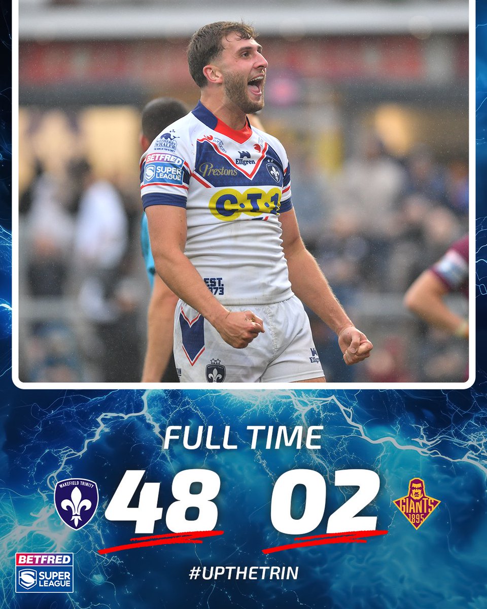 WTrinityRL's tweet image. FULL TIME: Wakefield Trinity 48-2 Huddersfield Giants 

Trinity return to winning ways thanks to a comprehensive eight-try rout over the Giants! 

#UpTheTrin