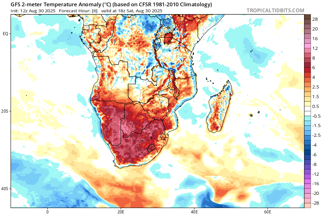 ABSOLUTE INSANITY IN SOUTHERN AFRICA 40C IN WINTER 
And 38C at 1000m+, 30C at 1800m ! Mind blowing
Records pulverized allover:
37.6 Thohoyandou 
37.3 Ondangwa 🇳🇦1100m !
36.1 Omaruru 🇳🇦
34.1 Pilansberg
33.7 Madikwe 
33.2 Ventersdorp 
32.6 Rustenberg
31.8 Klerksdorp 
etc HISTORIC