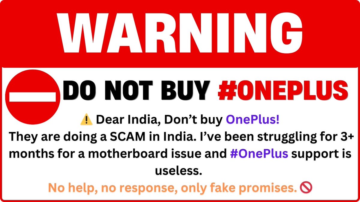 sdeokumr's tweet image. @OnePlus_IN  @OnePlusClub @oneplus @OnePlus_Support @OnePlus_USA  
No one is supporting from #oneplus , now I will be supporting indian consumers by helping them to avoid Oneplus products. #NoOnePlus 
@Flipkart  #bigbillion  #BBMantriAmaal